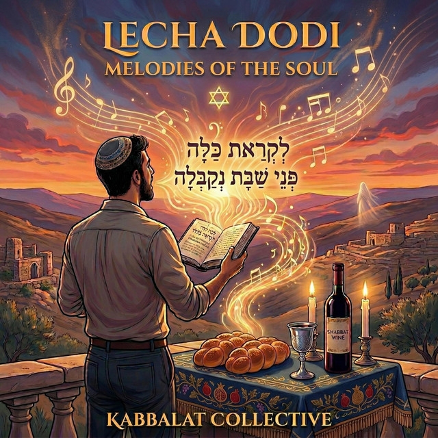 Album cover: Lecha Dodi — Melodies of the Soul, Volume 1, by Kabbalat Collective. A man holds an open siddur before a Shabbat table overlooking Jerusalem at sunset, golden notes swirling skyward.