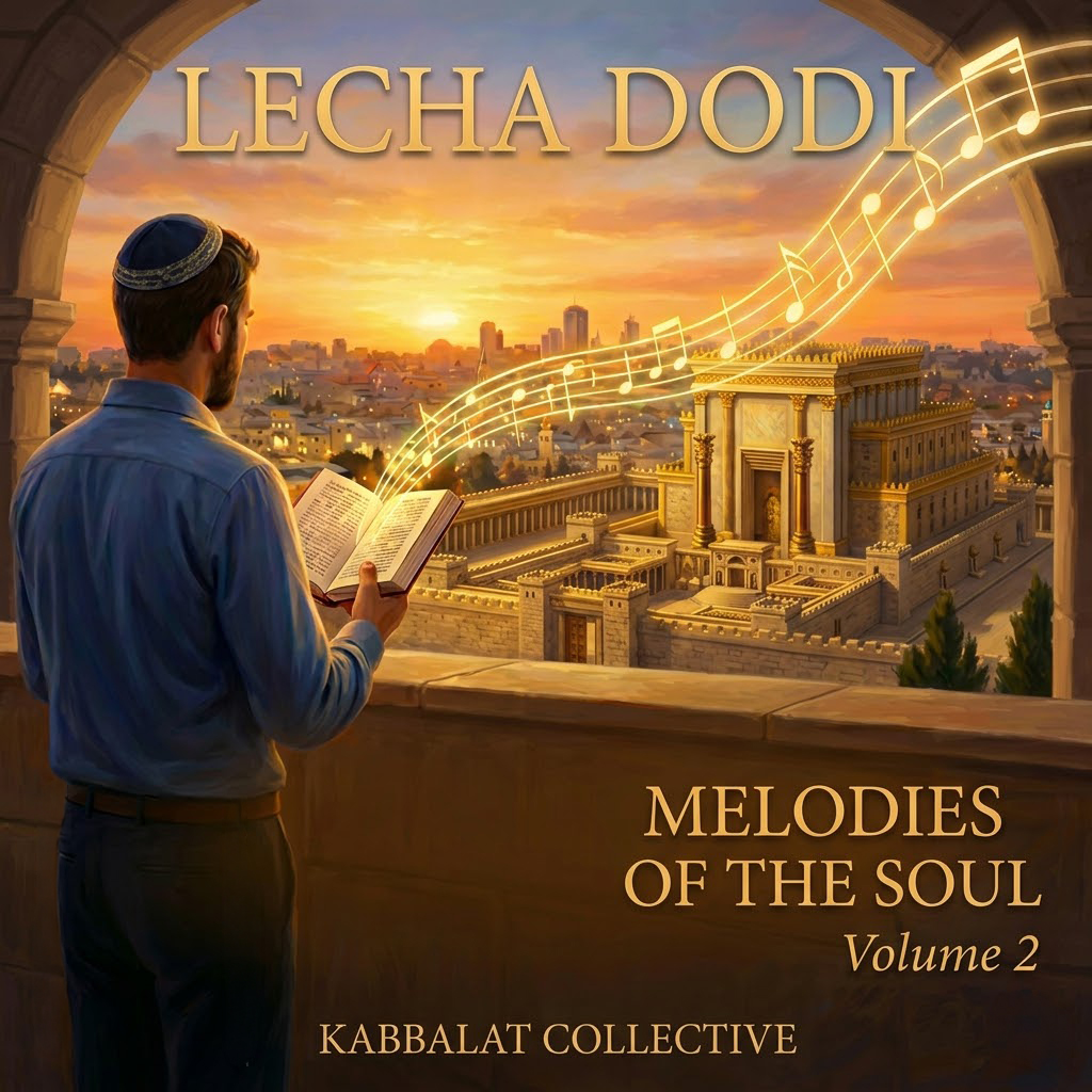 Album cover: Lecha Dodi — Melodies of the Soul, Volume 2, by Kabbalat Collective. A man overlooks Jerusalem at sunset as golden musical notes rise from his open siddur.